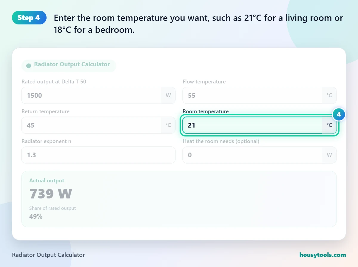 Step 4 of using the Radiator Output Calculator: Enter the room temperature you want, such as 21°C for a living room or 18°C for a bedroom.