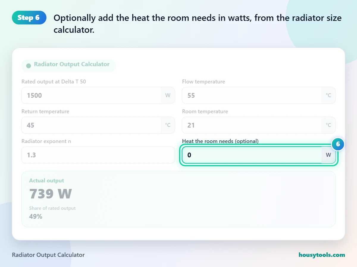 Step 6 of using the Radiator Output Calculator: Optionally add the heat the room needs in watts, from the radiator size calculator.
