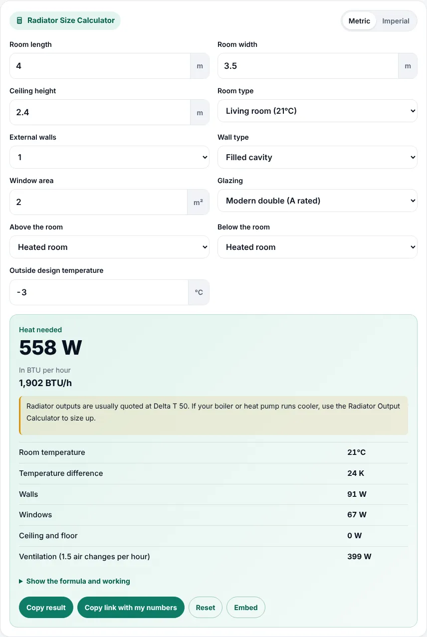 Radiator size calculator inputs filled in for a 4.5 m by 3.8 m living room
