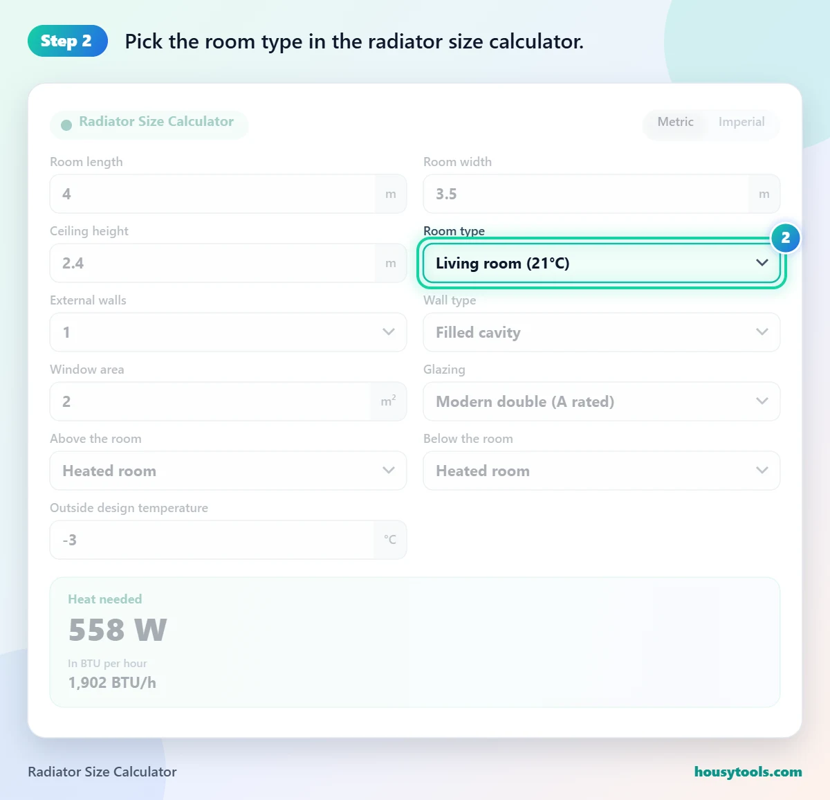 Step 2 of using the Radiator Size Calculator: Pick the room type in the radiator size calculator.