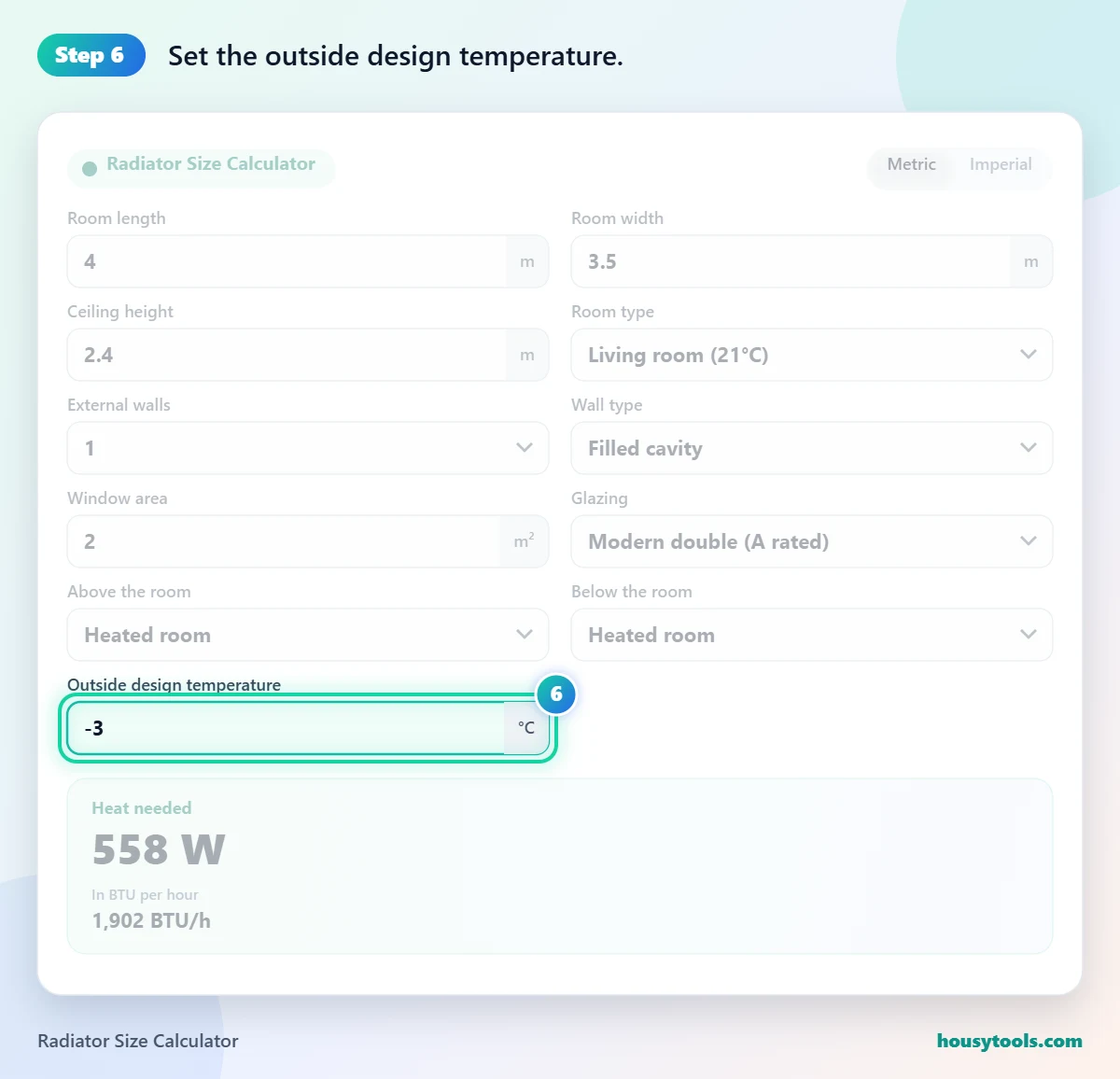 Step 6 of using the Radiator Size Calculator: Set the outside design temperature.