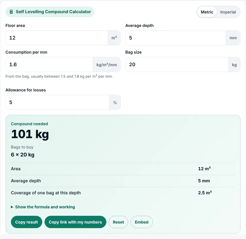 Self levelling compound calculator filled in with 14.2 m², 4 mm depth and 25 kg bags