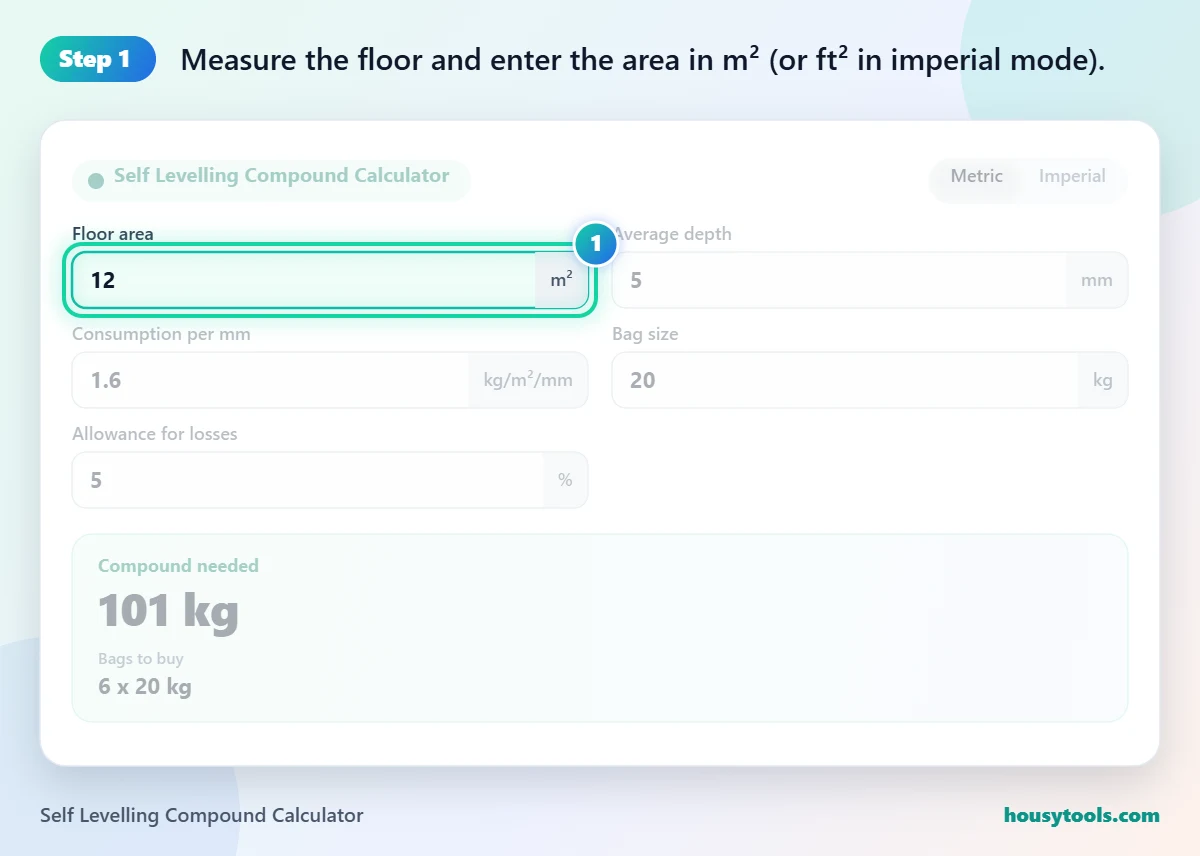 Step 1 of using the Self Levelling Compound Calculator: Measure the floor and enter the area in m² (or ft² in imperial mode).