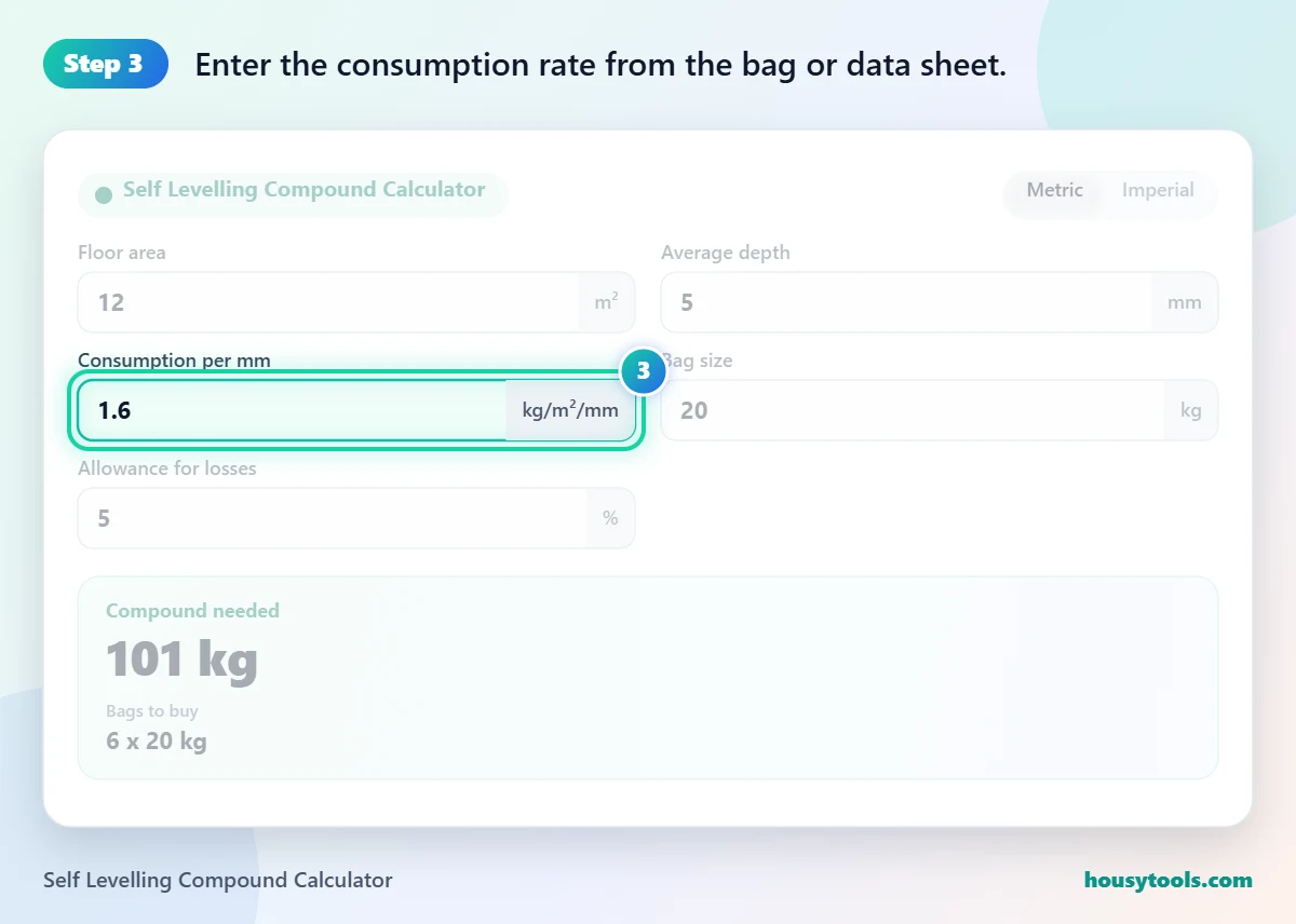 Step 3 of using the Self Levelling Compound Calculator: Enter the consumption rate from the bag or data sheet.