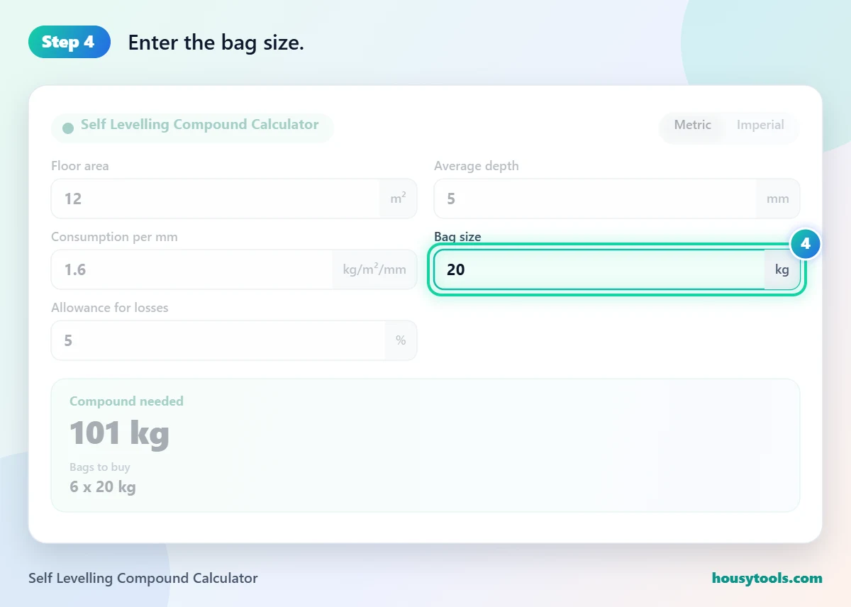 Step 4 of using the Self Levelling Compound Calculator: Enter the bag size.