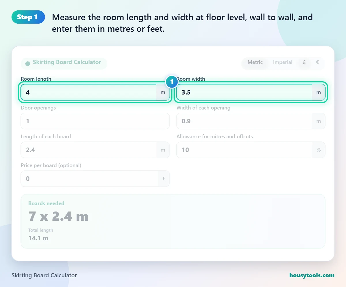 Step 1 of using the Skirting Board Calculator: Measure the room length and width at floor level, wall to wall, and enter them in metres or feet.