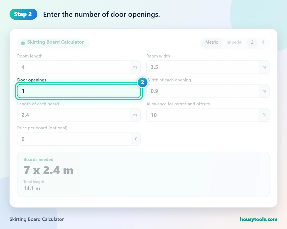 Step 2 of using the Skirting Board Calculator: Enter the number of door openings.