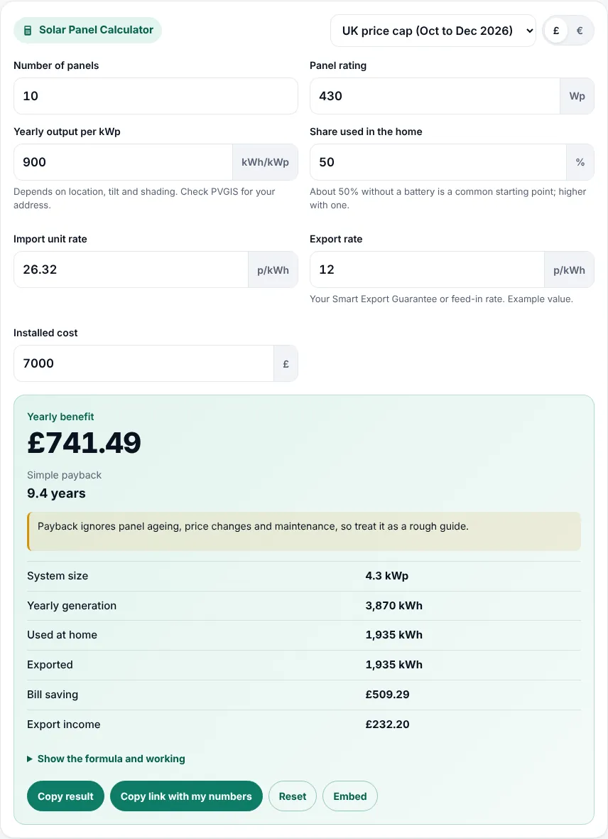 Solar panel calculator inputs for panel count, rating, yield, self use, tariffs and cost