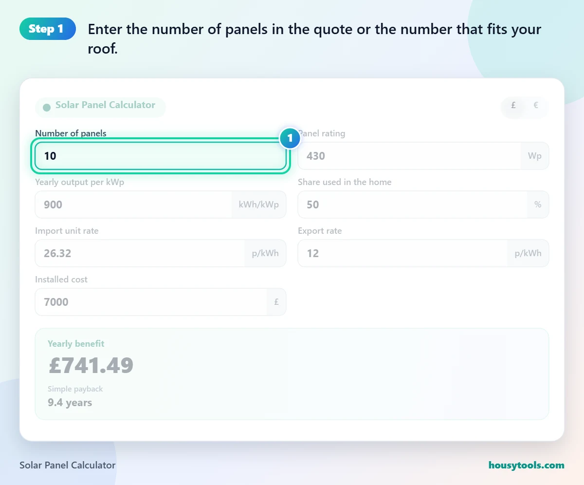 Step 1 of using the Solar Panel Calculator: Enter the number of panels in the quote or the number that fits your roof.