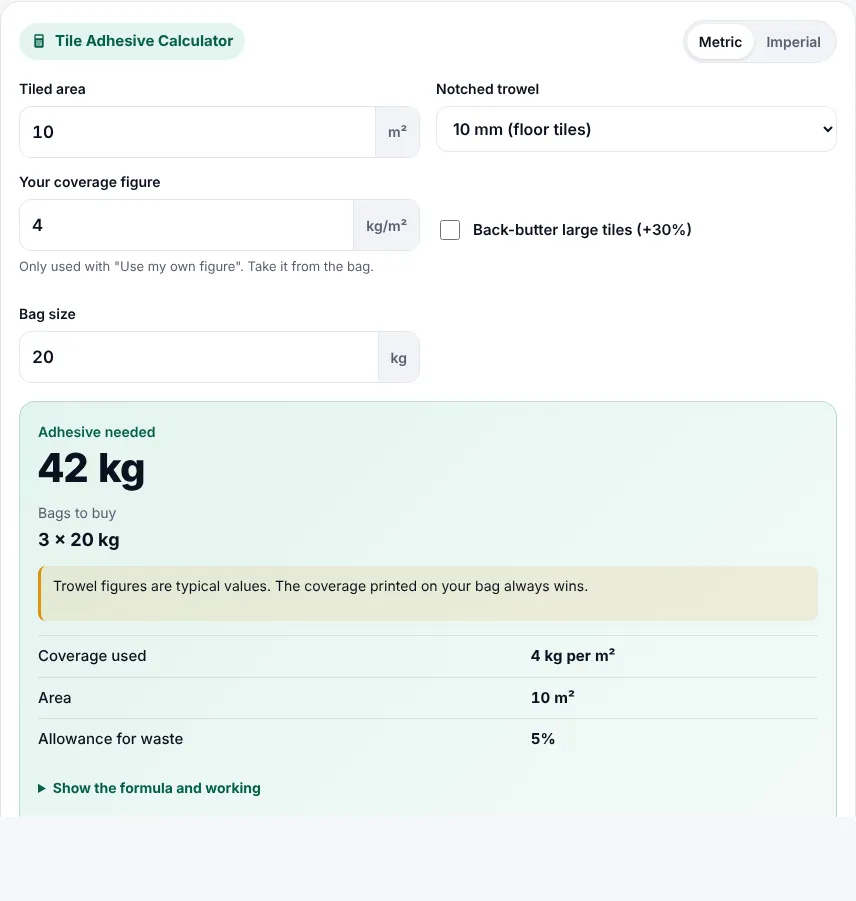 Tile adhesive calculator filled in with 14.5 m², a 10 mm trowel and back-buttering ticked