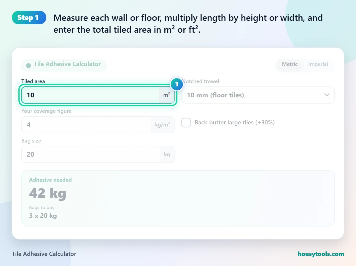Step 1 of using the Tile Adhesive Calculator: Measure each wall or floor, multiply length by height or width, and enter the total tiled area in m² or ft².