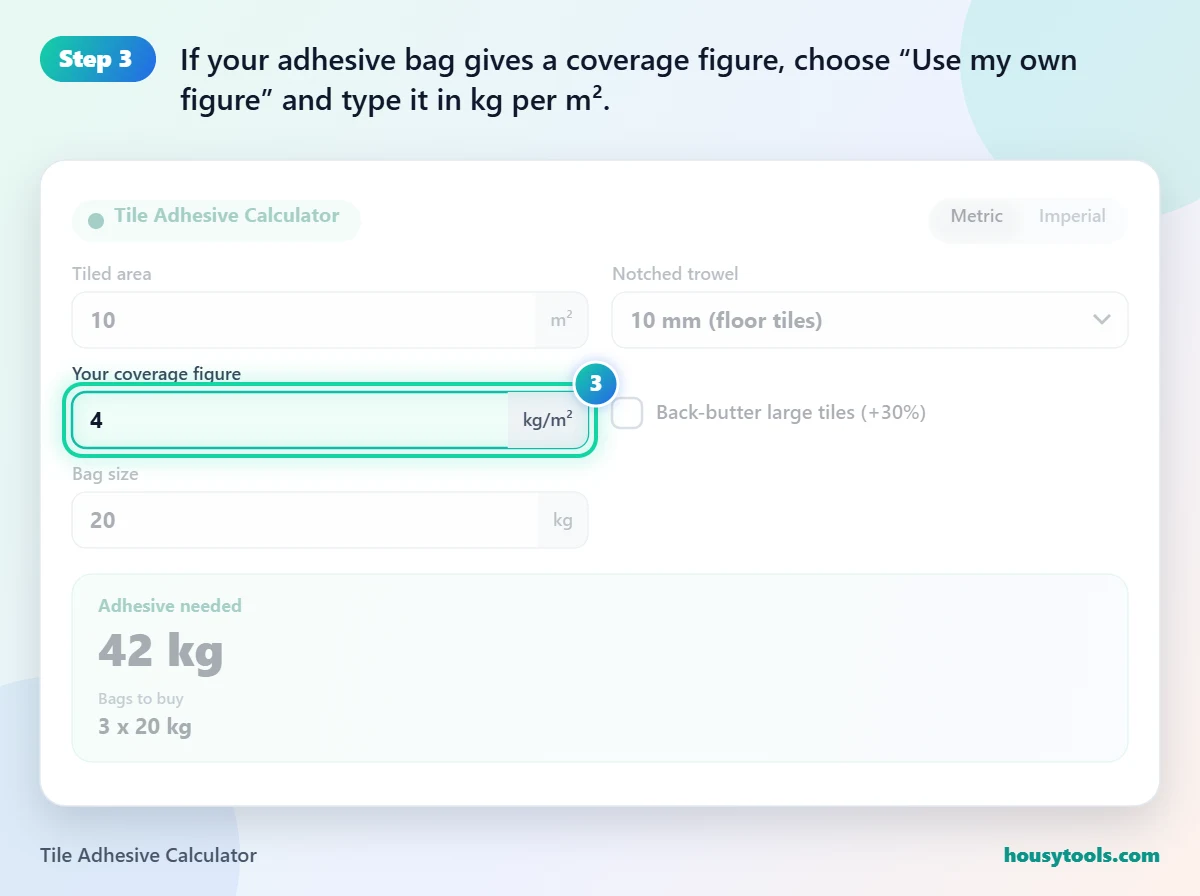 Step 3 of using the Tile Adhesive Calculator: If your adhesive bag gives a coverage figure, choose “Use my own figure” and type it in kg per m².