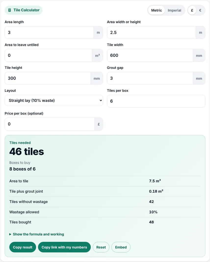 Tile calculator in use with a 2.4 m by 1.8 m floor and 600 by 300 mm tiles entered