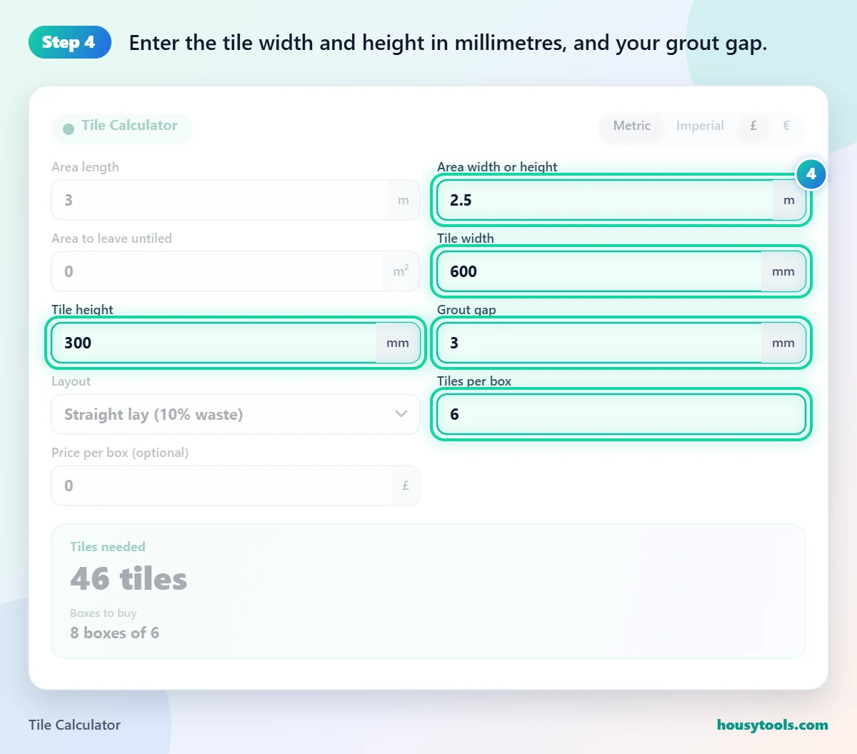 Step 4 of using the Tile Calculator: Enter the tile width and height in millimetres, and your grout gap.
