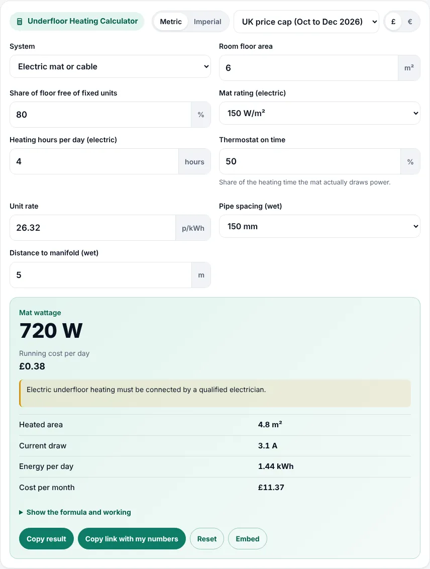 Underfloor heating calculator inputs for a 5.5 m² bathroom with a 150 W/m² mat