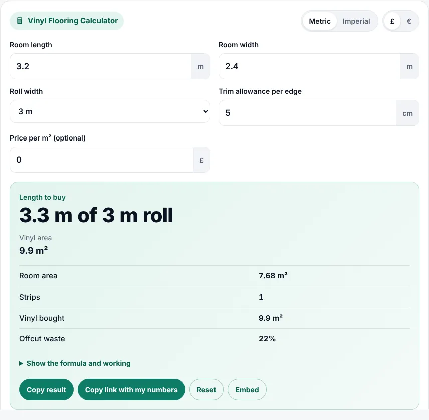 Vinyl flooring calculator in use with a 3.4 m by 2.7 m kitchen and a 3 m roll selected