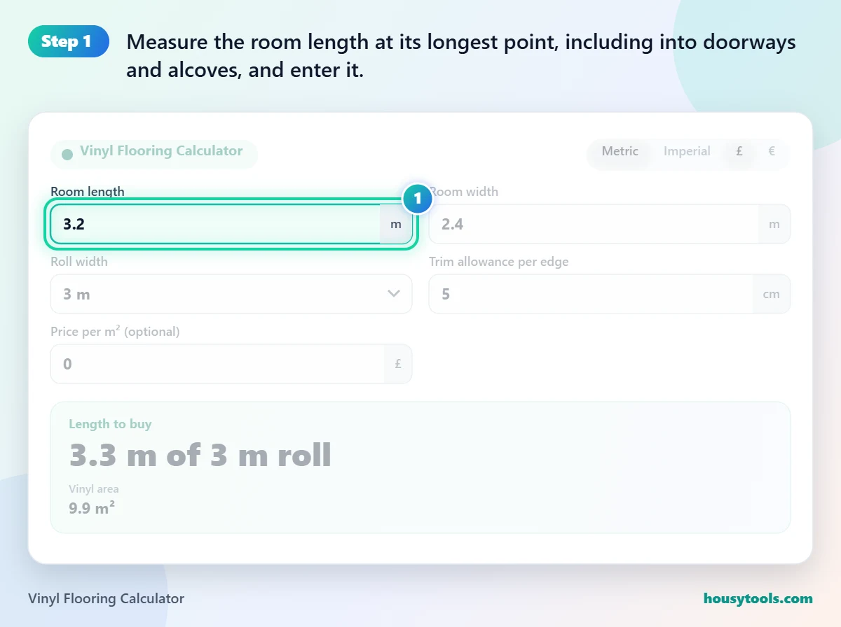 Step 1 of using the Vinyl Flooring Calculator: Measure the room length at its longest point, including into doorways and alcoves, and enter it.