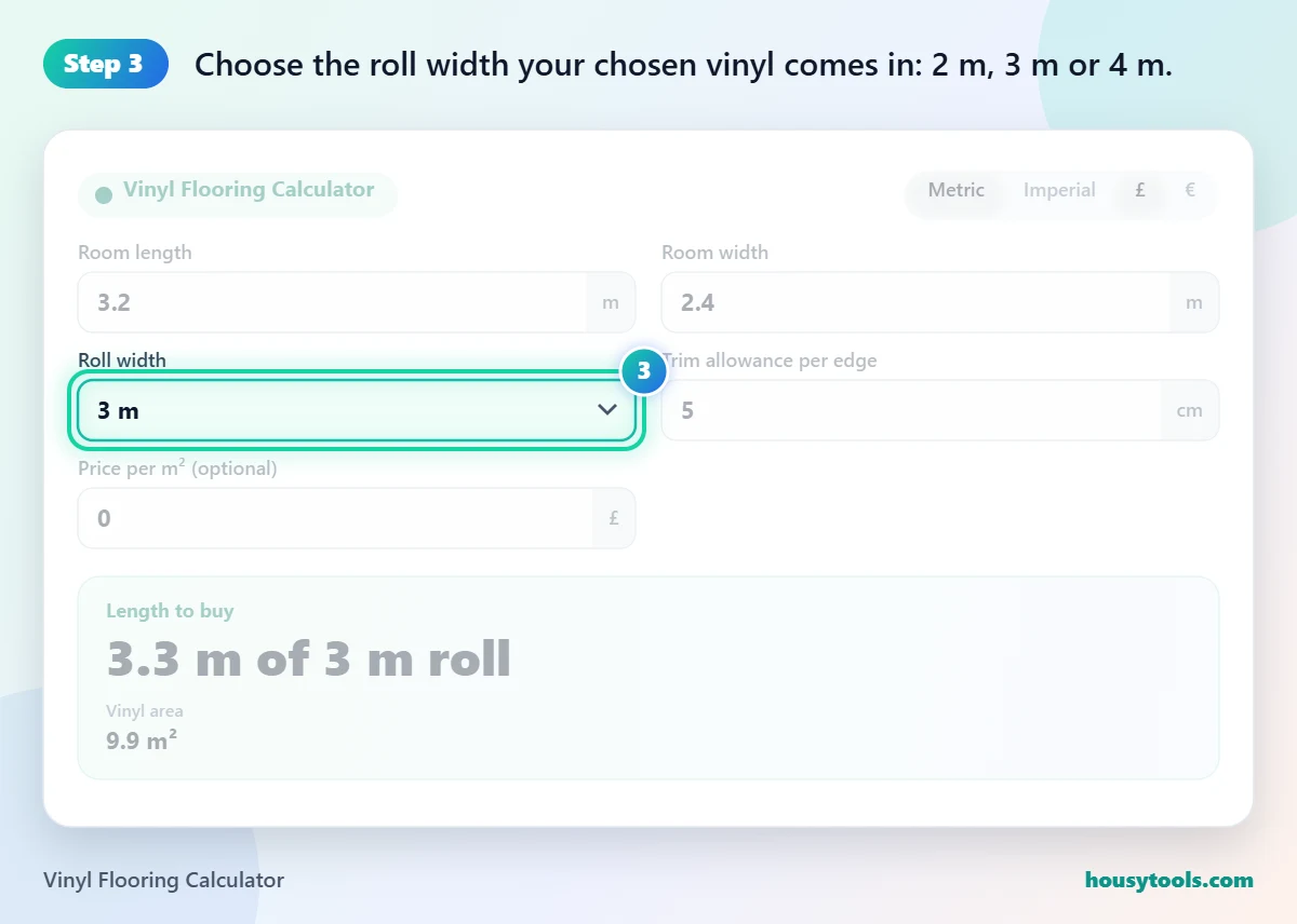 Step 3 of using the Vinyl Flooring Calculator: Choose the roll width your chosen vinyl comes in: 2 m, 3 m or 4 m.