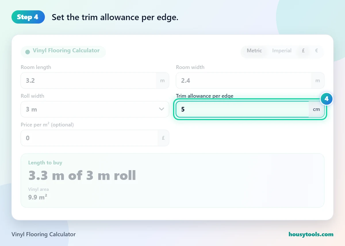 Step 4 of using the Vinyl Flooring Calculator: Set the trim allowance per edge.