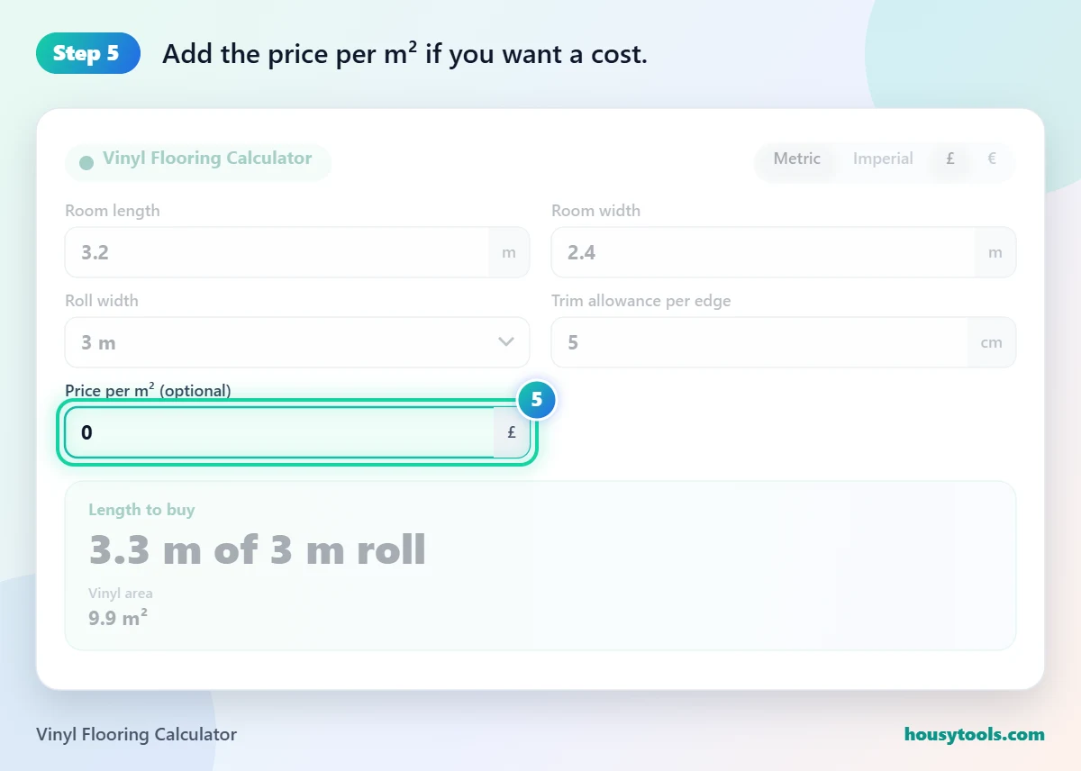 Step 5 of using the Vinyl Flooring Calculator: Add the price per m² if you want a cost.