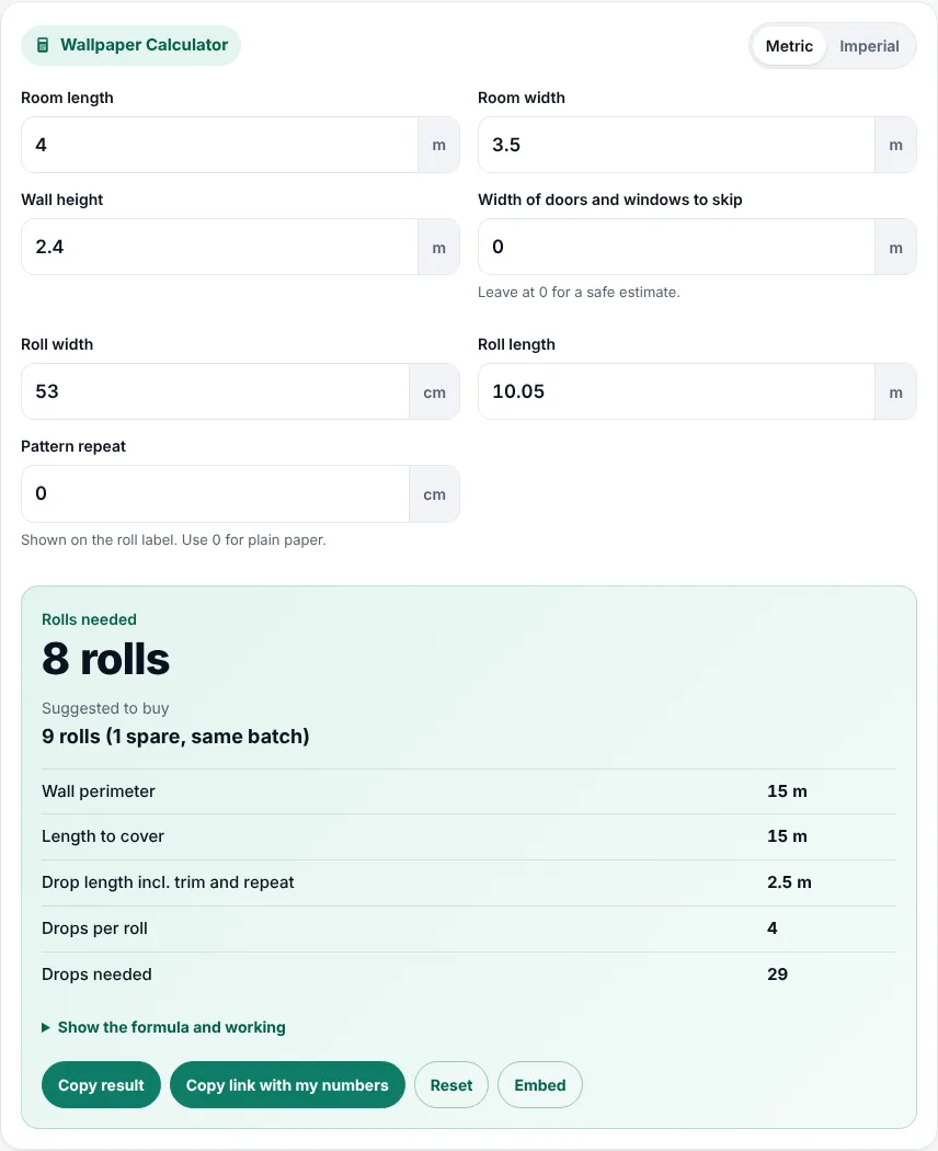 Wallpaper calculator inputs for a 4.2 m by 3.6 m room with a 53 cm pattern repeat