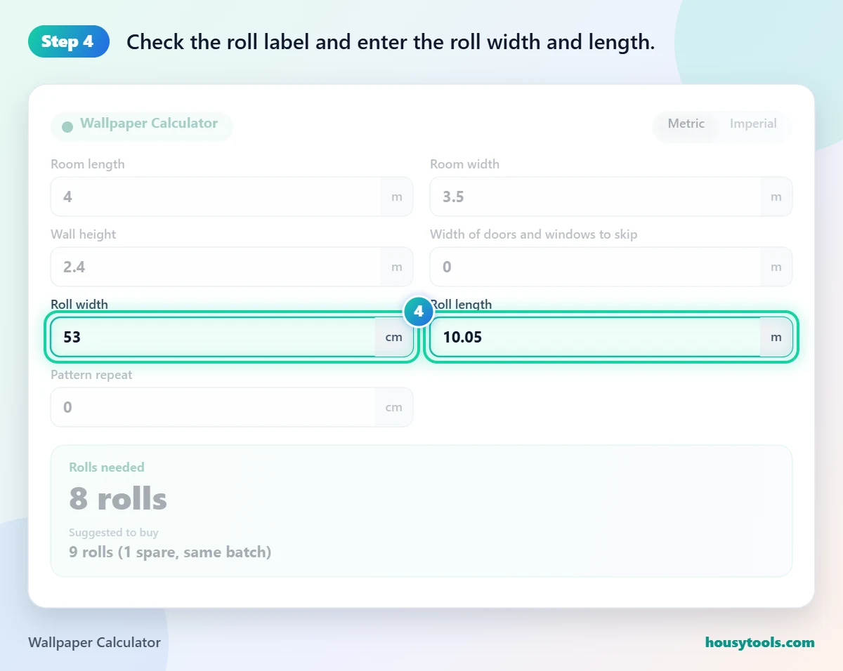 Step 4 of using the Wallpaper Calculator: Check the roll label and enter the roll width and length.