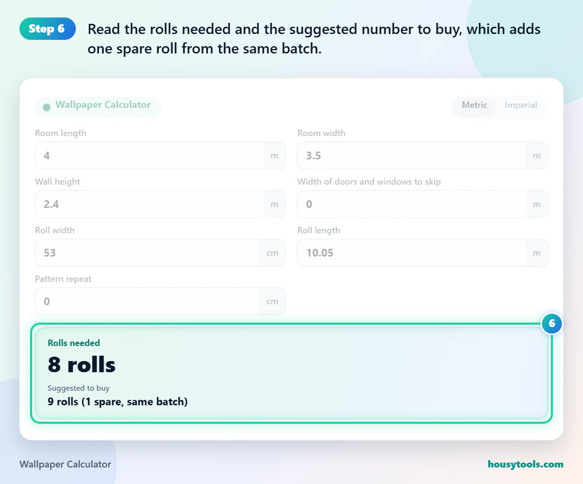 Step 6 of using the Wallpaper Calculator: Read the rolls needed and the suggested number to buy, which adds one spare roll from the same batch.